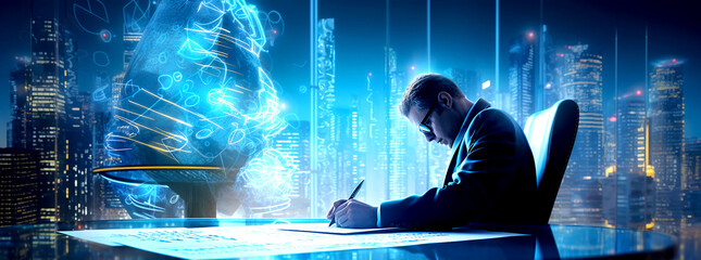 personal computer business with person signing a document, in the style of futuristic digital art,