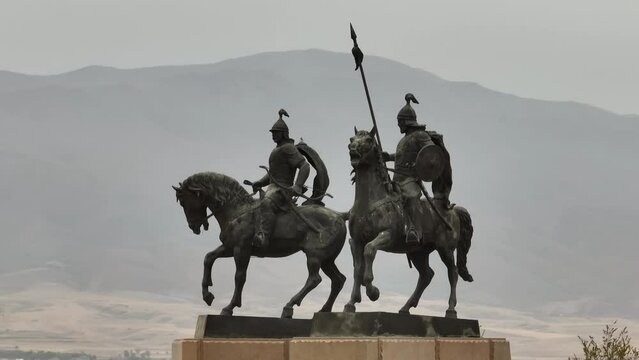 Horseman Monument to Sauryk and Suranshi batyrs in Uzynagash. National heroes of Kazakhstan country. Two generals on horseback.