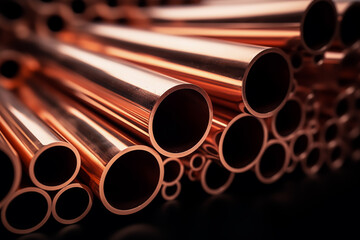 Copper pipes and sheet production. World prices for copper metal. Copper on the global metals market and mining market. Sheet metal in Metal industry - obrazy, fototapety, plakaty