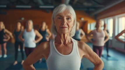 A small group of mature woman stand spread apart in a fitness studio