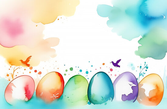 watercolor Easter eggs composition hand drawn black on white background. Decorative horizontal stripe with space for text.
