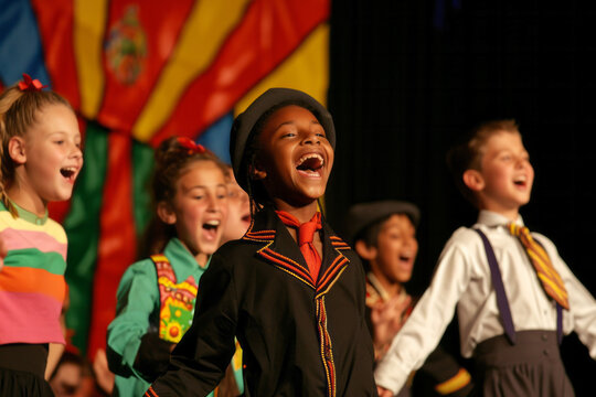 Young Children Singing on Stage in a Group Performance