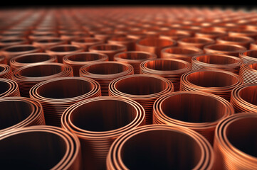 Obraz premium Copper sheet production. World prices for copper metal. Copper Coil Rolls on the global metals market and mining market. Sheet metal in Metal industry