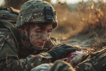Combat medic dressing wounded soldier providing first aid on battlefield - obrazy, fototapety, plakaty