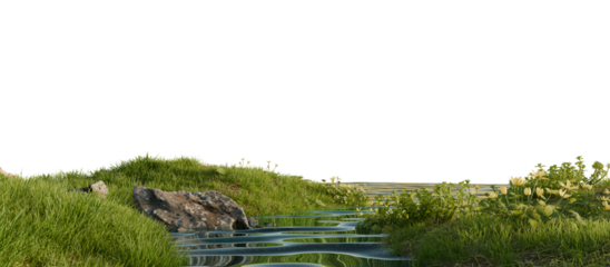 Serene river flowing through a lush green landscape. 3D render.