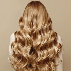 Naklejka premium Long beautiful wavy hair. Portrait of a woman with shiny blond hair. copycpase ai technology