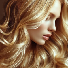 Long beautiful wavy hair. Portrait of a woman with shiny blond hair. copycpase  ai technology
