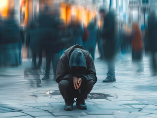 Homeless man in the middle of the city under the rain asks for help. Poverty alleviation illustration.	 - obrazy, fototapety, plakaty