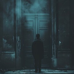 A mysterious person near the door with a tense horror old house atmosphere equipped with smoke and fog effects, great for content, social media, websites, blogs, mysteries. Generative Ai