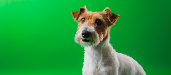A small brown and white dog, belonging to the Sporting Group, sits on a green screen with grass. This carnivore, known as a companion dog, has a fawn-colored coat, a collar, whiskers, and a snout.