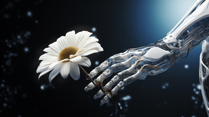 Cyborg hand holding a daisy, a robot hand with a white flower on dark, soft power, digital technology concept by generative AI.