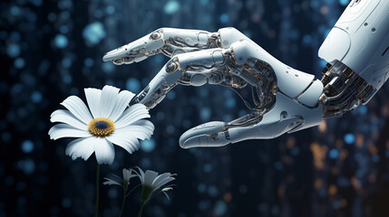Cyborg hand holding a daisy, a robot hand with a white flower on dark, soft power, digital technology concept by generative AI.