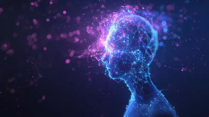 Abstract human head with blue luminous brain and network dot,Neuroscientist ,Machine learning,Deep learning.Artificial intelligence concept.