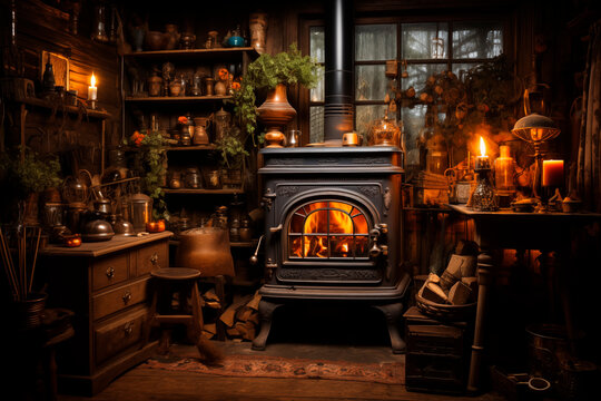 Rural House With A Vintage Metal Fireplace Lit At Night