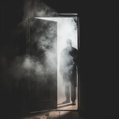 A mysterious person near the door with a tense horror old house atmosphere equipped with smoke and fog effects, great for content, social media, websites, blogs, mysteries. Generative Ai