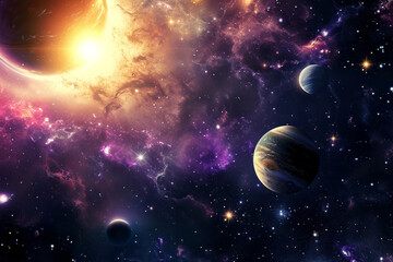 Vibrant Space Scene Featuring Planets and Stars in a Celestial Display