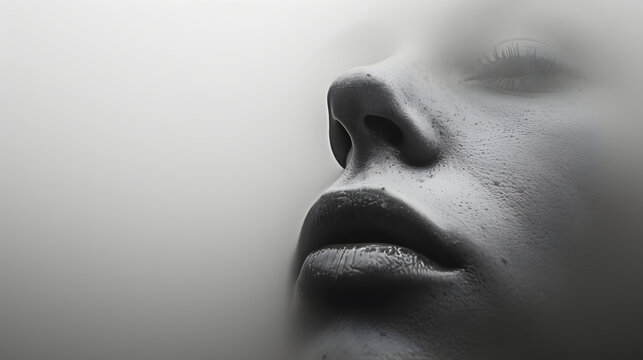 Fototapeta black and white photo of a female face through a layer of fog