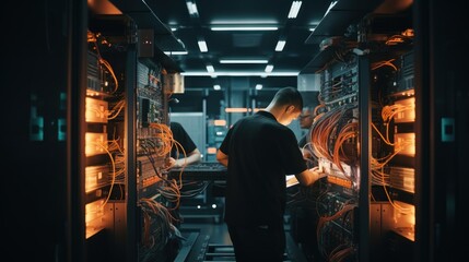 IT specialists at server room, repair servers