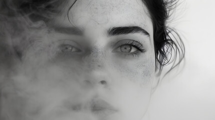 black and white photo of a female face through a layer of fog