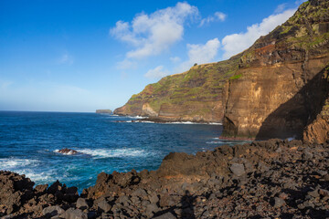Ponta da Ferraria hot springs and Atlantic ocean coast on Sao Miguel island, Azores, Portugal