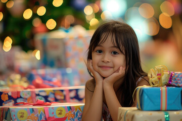 Fototapeta na wymiar little girl with many birthday gifts around
