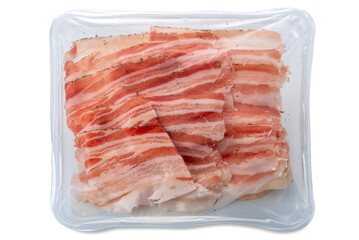 Slices of bacon lard in vacuum-packed plastic tray isolated