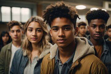 Fototapeta premium Multiracial young student friends in campus of university. Concept of multi-ethnic friendship, education. AI generated