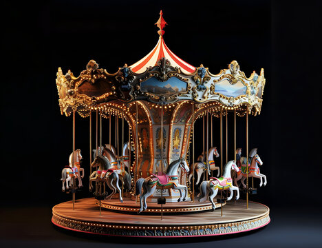  a wooden traditional carousel on the black background