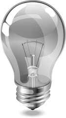 Vector transparent light bulb on gray background. clear incandescent light bulb with its filament visible, against a neutral grey backdrop, highly detailed