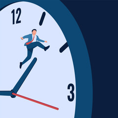Man jumps over clock hands, metaphor for race against time. Simple flat conceptual illustration.