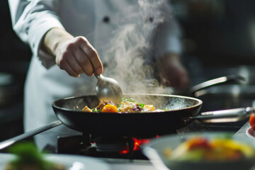 Person Cooking Food in Wok on Stove - obrazy, fototapety, plakaty