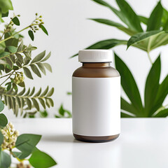 A mockup of a blank supplement bottle white background with plants
