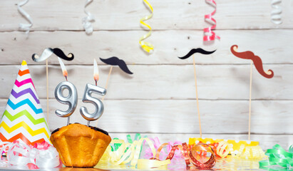 Birthday with number  95. Date of birth with number and candles, copy space. Anniversary background...