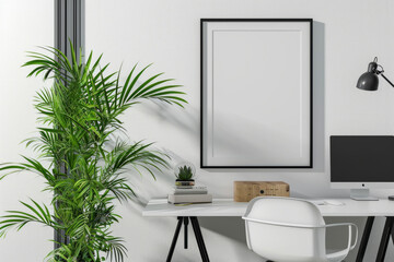 Fototapeta premium White Desk With Computer and Plant in a Simple Workspace