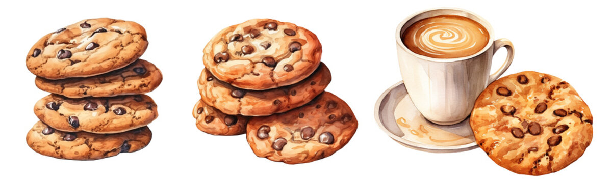 set of Chocolate chip cookies in a pile, png isolated on a white background, watercolor clipart illustration	bundle