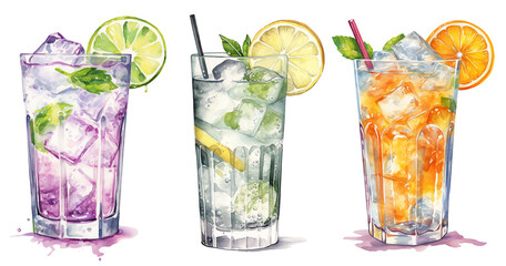 set of gin and tonic cocktail with lemon and ice illustration png isolated on a transparent background, watercolor clipart	bundle