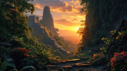 Capture the majesty of an Ancient rainforest landscape at sunset with towering temples and vibrant flora illuminated by the setting sun