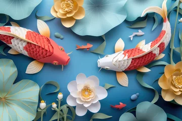Fotobehang koi fishes and lotuses flowers paper cut used for decoration and lunar new year poster © Kien