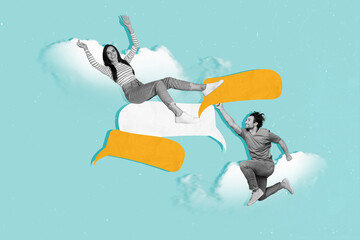 Weird collage poster of tw people social media users have communication in forum typing text box
