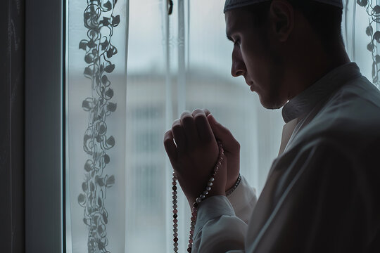 A muslim man holds up a prayer rosary