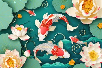 koi fishes and lotuses flowers paper cut used for decoration and lunar new year poster