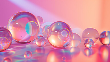 Super reflective, holographic abstract shapes and balls in surreal environement