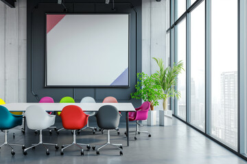 Conference Room With Long Table and Colorful Chairs