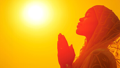 Muslim woman is praying against the sky