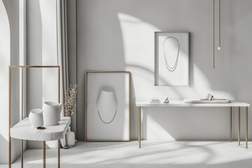 White Room With Table, Mirror, and Vase, Minimalist Interior Design
