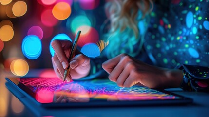 A digital artist intricately sketches vibrant, neon artwork on a graphic tablet with colorful bokeh...