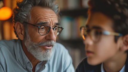 An elderly man with glasses shares a moment and imparts advice to a young boy, likely his grandson, in a warm, intimate setting.