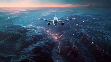 Front-facing view of an airplane cruising at high altitude, with the twilight horizon in the...