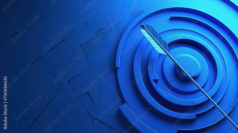 Poster abstract concentric blue circles forming a target with a single arrow at the bullseye, set against a