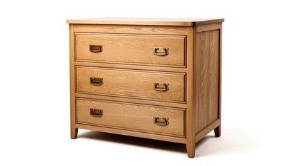 Side view wooden chest of drawers made from solid American oak with solid brass hardware, isolated on white background. It includes four drawers, a wood dresser mirror, bureau, and cabinet. - obrazy, fototapety, plakaty